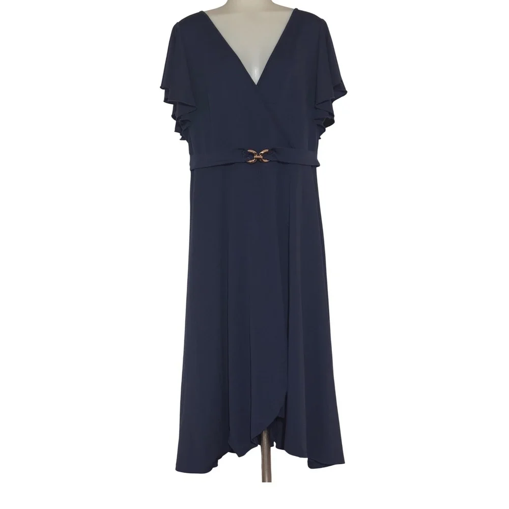 Midi Wrap Dress Women 1XL Navy Blue Good High-Low Ruffle Sleeve Gold Buckle NWOT